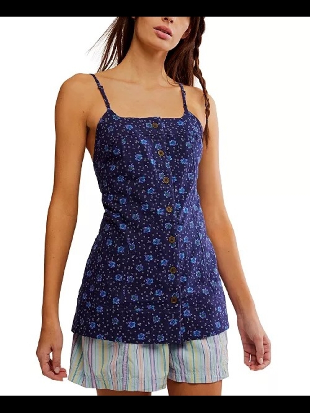 Free People Navy Blue Floral Button-Up Cami